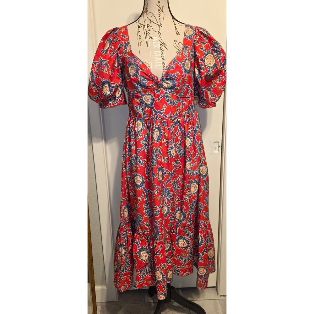 House of Harlow 1960 Red Floral Cotton Puff Sleeve Midi Dress Med Boho Tiered